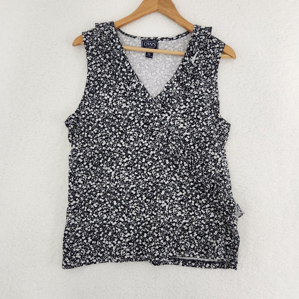 Chaps Women's Blouse Ruffle V-neck Navy White Floral Women's XL Petite